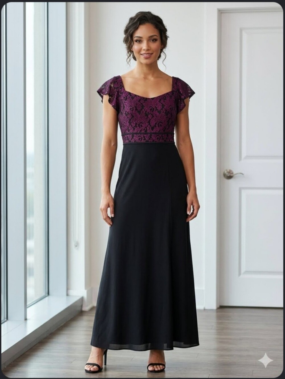 Night Way Collections Black Maxi Dress with Plum Lace Bodice